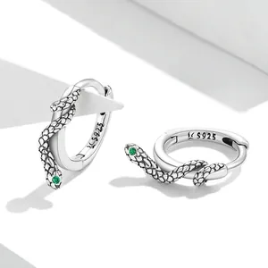 Minimalist S925 sterling silver snake hoop earring with green zircon eyes and engraved scales