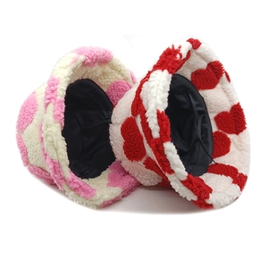 Winter heart pattern plush bucket hats in red and pink colors with adjustable lining
