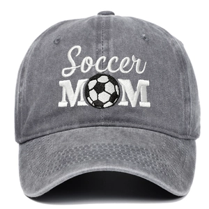 Vintage grey Soccer Mom baseball cap with embroidered soccer ball and washed cotton finish