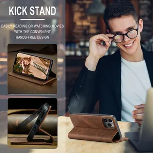 Brown premium leather flip wallet case with kickstand function for iPhone 16