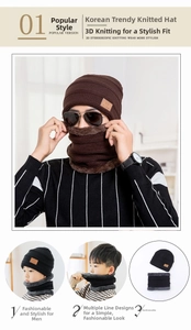Detailed close-up of thickened knitted hat and neck warmer set with soft fleece lining