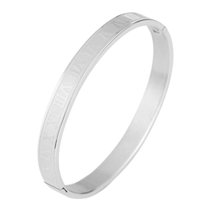 Polished stainless steel roman numeral bangle in silver with a secure hidden clasp closure