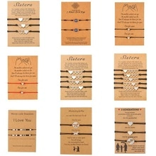 Detailed grid of adjustable handmade woven friendship bracelets with heart charms on cards