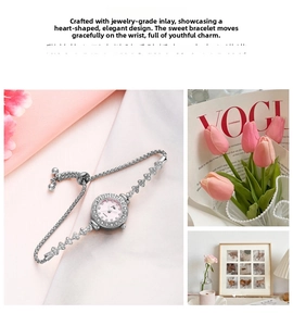 Detail of silver heart bracelet watch with pink dial and sparkling crystals