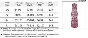 Tableau des tailles détaillé pour robe imprimée dos nu avec mesures du XS au L