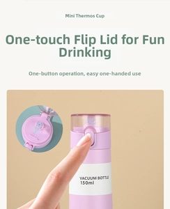 Pink 150ml mini vacuum bottle featuring one-click bounce lid and safety lock detail