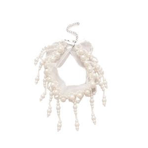 Elegant white lace choker necklace with pearl tassels and vintage mesh style for women