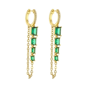 Elegant gold drop earrings featuring rectangular green zircon gems and a fine chain tassel