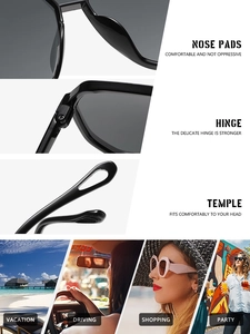 Detail of integrated nose pads and reinforced hinges on black oversized sunglasses