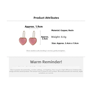 Detail specifications of pink resin heart drop earrings with dimensions and weight