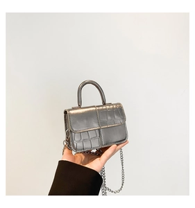 Close-up of silver mini bag with crocodile texture, metal handle and chain strap