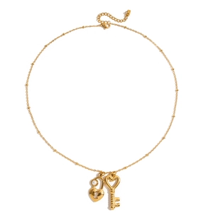 Collier en acier inoxydable doré 18K avec pendentifs serrure coeur et clé