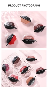 Matte lipstick set with unique lip-shaped caps on a water ripple glass tray display