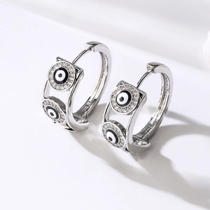 Silver retro devil eye hoop earrings with white gold plating and micro-set zircon accents