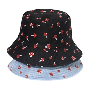 Cotton bucket hat with mushroom print in black and light blue, stylish sun protection