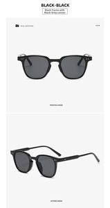 Front and 45-degree views of black frame sunglasses with rivets and dark gray lenses