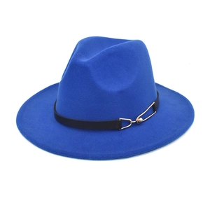Classic blue wool fedora hat with wide brim, black band and gold buckle detail