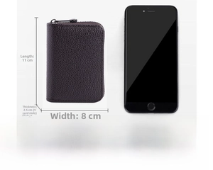 Detailed size comparison of the litchi pattern accordion card wallet next to a smartphone