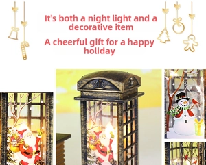 Close-up of vintage bronze Christmas lantern with Santa Claus illustration and warm LED light