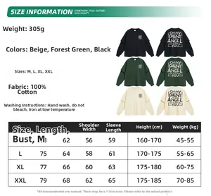 Größentabelle für übergroßes Lagen-Langarmshirt mit Gewichtsangaben und Maßtabelle