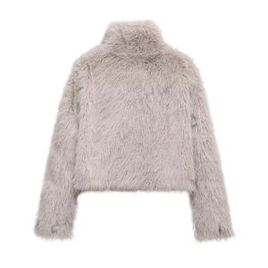 Flat back view of a short faux fur jacket in light grey for women's stylish commuting