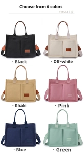 Detailed grid view of canvas tote bags in black, beige, khaki, pink, blue, and green