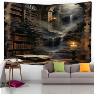 Detailed view of large fantasy library tapestry featuring mystic shelves and waterfalls