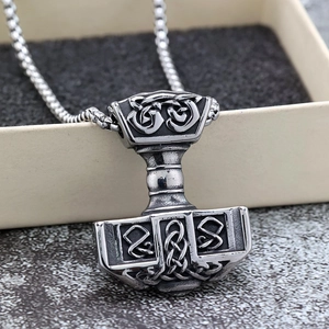 Nordic vintage stainless steel Mjolnir pendant necklace with Celtic knot engraving