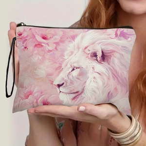 Portable pink lion and floral makeup bag with zipper closure and wristlet strap