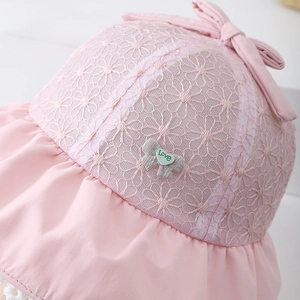 Pink lace floral baby girl sun hat with bow decoration and breathable hollow design