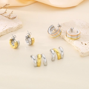 Boucles d'oreilles C en acier inoxydable tricolore or argent et or rose
