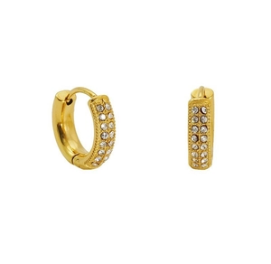 Detail of gold hoop earrings with double row sparkling diamonds on white background