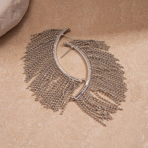 Macro view of silver fringe tassel earrings with bead chains and metallic shine