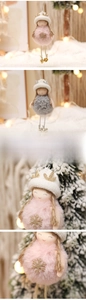 Detail of plush Christmas angel ornaments with knit hats and jingling bell legs
