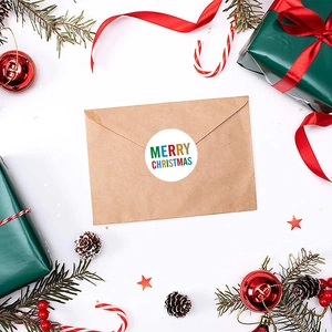 Merry Christmas kraft envelope stickers with festive pine branch and bell decorations