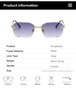 Detailed dimensions of rimless rectangle sunglasses with purple gradient lenses and metal frame
