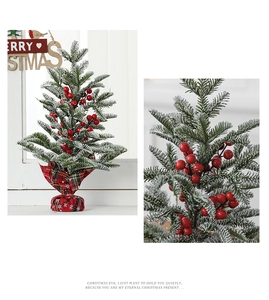 Mini Christmas pine tree with red berries, snowy needles and red plaid base detail