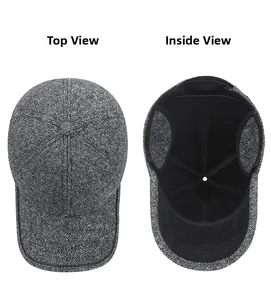 Detail view of winter herringbone baseball cap featuring warm earflaps and interior lining