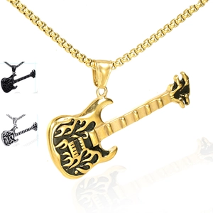 Flame Guitar Pendant Necklace Stainless Steel Rock Punk Music Instrument Jewelry For Men Women Fashion Polished Accessory