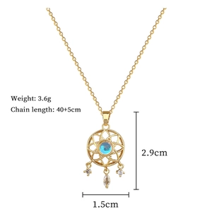 Detail view of dreamcatcher necklace with blue gemstone, 3.6g weight and size dimensions