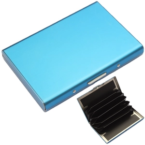 Blue stainless steel RFID blocking card holder with accordion design and six card slots