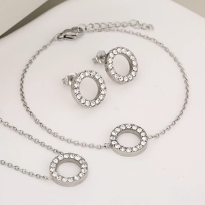 Silver stainless steel jewelry set with circular crystal studded necklace and earrings