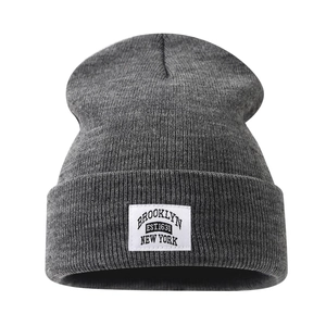 Dark gray Brooklyn knit beanie with New York patch for men and women in winter