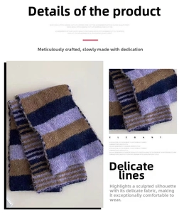 Detail showing the thick striped knit texture and soft mohair fibers in purple and brown