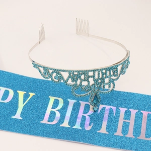 Blue glitter Happy Birthday sash and silver rhinestone Birthday Girl crown set