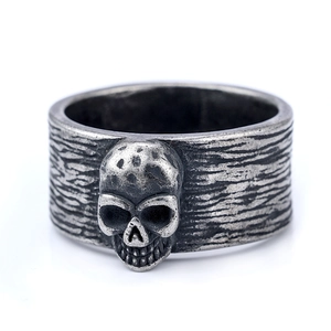 Retro silver punk skull ring for men and women with distressed metal wide band finish