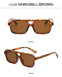 Front and 45-degree side views of retro hawksbill double-bridge sunglasses with brown lenses