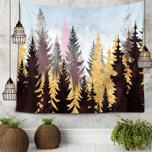 Macro detail of high-quality watercolor mountain landscape wall tapestry hanging on concrete wall