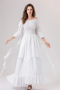 Detail of white Renaissance gown featuring off-the-shoulder neckline and ruffled long sleeves