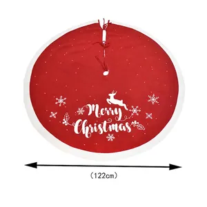 Red 48-inch Christmas tree skirt with white reindeer, snowflakes, and plush border